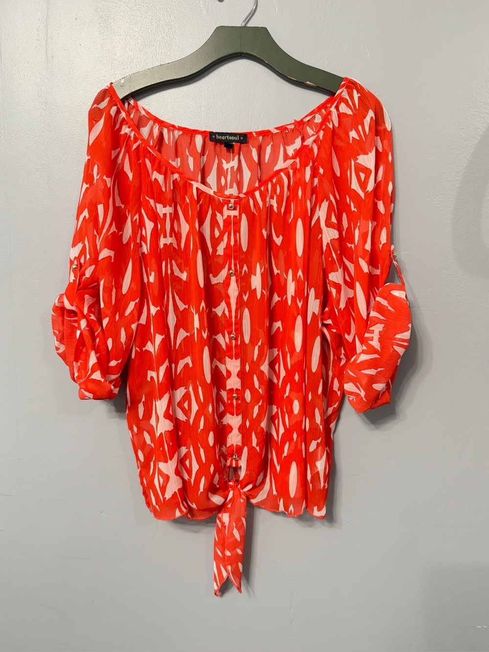 #17)  HeartSoul Women's Red & White Tie-Front Sheer Blouse